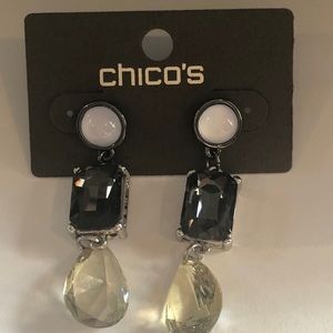 CHICOS THREE STONE DROP EARRINGS- MOONSTONE, BLACK AND LIGHT YELLOW/GREEN NWT